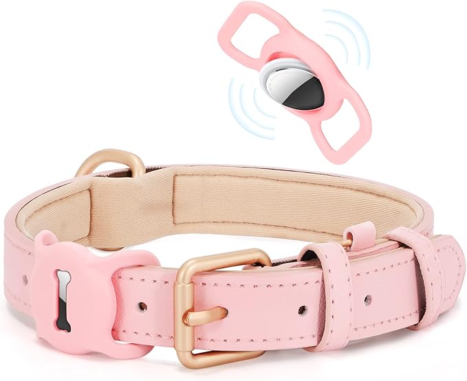 WHIPPY Airtag Leather Dog Collar GPS Tracker Air Tag Puppy Collar Adjustable Soft Leather Padded Dog Collar with Airtag Holder Case for Small Medium Large Dog Pet Backpack,Pink,XS