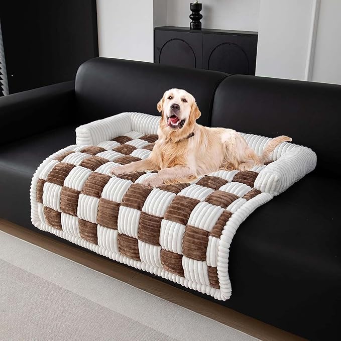 Dog Couch Cover Protector, Pet Couch Covers for Sofa, Dog Couch Cover Fuzzy Sofa Cover Cream Square Plaid Dog Bed Plush Dog Mat for Furniture Protector for Large Medium Dogs and Cats