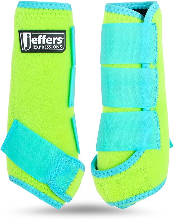 Jeffers Expression Neon Protective Horse Boots, 1 Pair, Lime & Turquoise – Breathable Neoprene, Secure Strap Closures, Durable Protection for Front & Hind Legs, Training & Riding Use - Medium