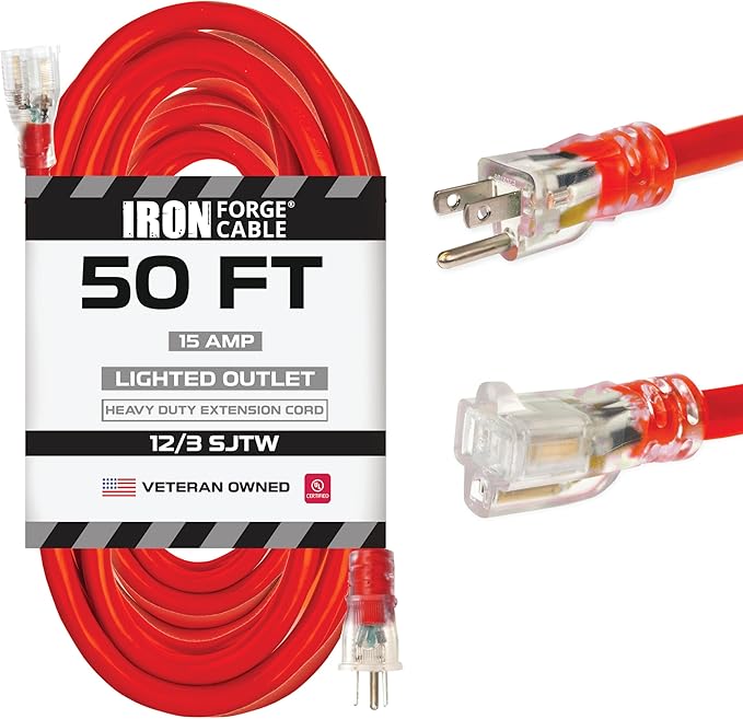 Iron Forge Cable 50 ft Lighted Outdoor Extension Cord - 12/3 SJTW Heavy Duty Red Extension Cable with 3 Prong 15 AMP Grounded Plug for Safety