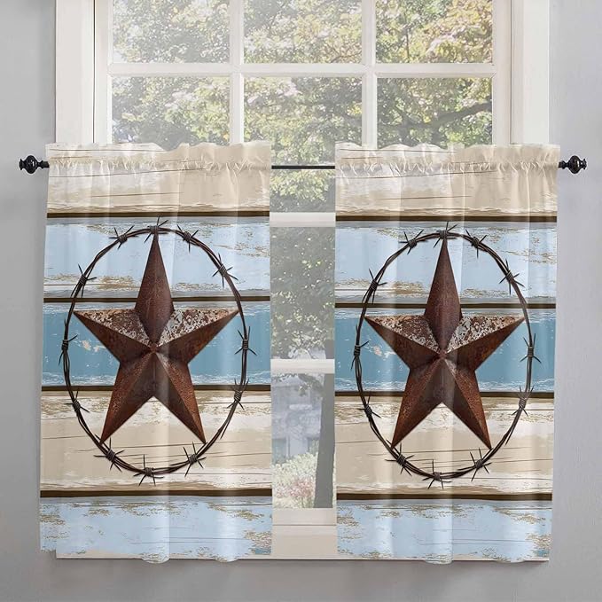 Vintage Western Star on Wood Grain Window Valance Curtains, Retro Wooden