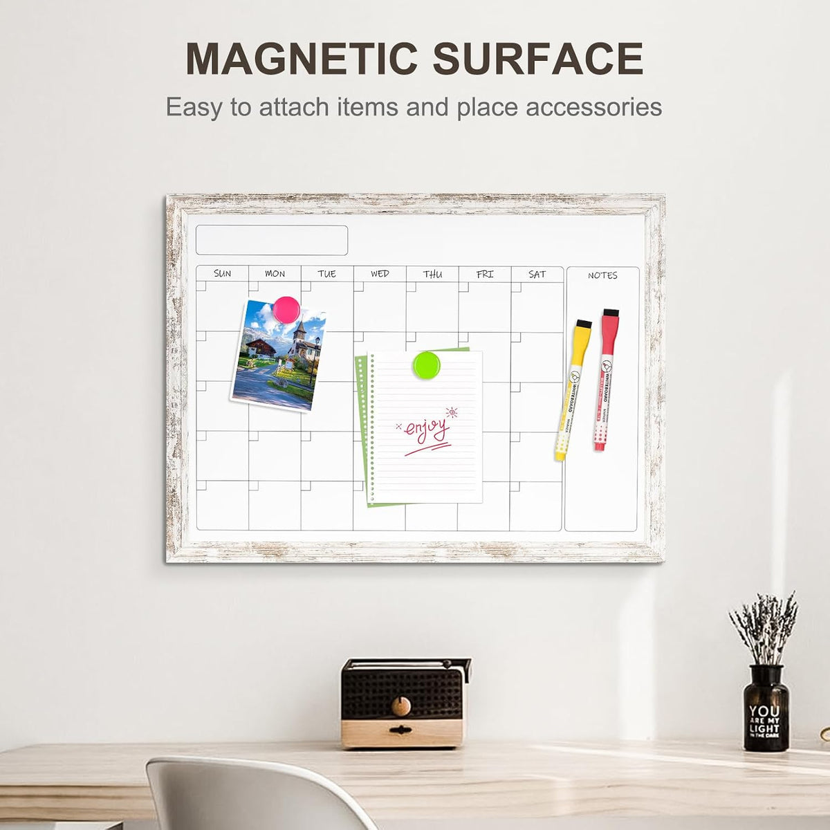 Monthly Dry Erase Calendar Whiteboard for Wall, 24"x18", Rustic Wood Frame