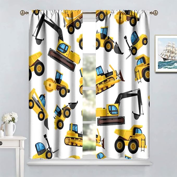 Kids Construction Equipment Window Curtains, Excavator Tractor Tow Truck Rod