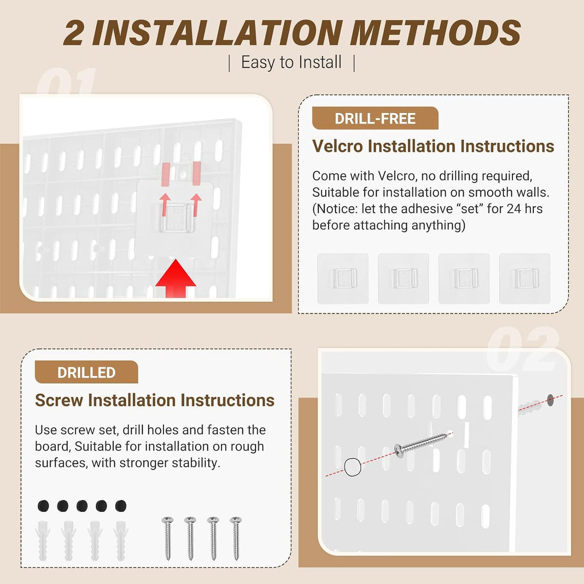 AKTOP Plastic Peg Board Wall Organizer 4-Pack, 12"x12" Pegboard Kit, White