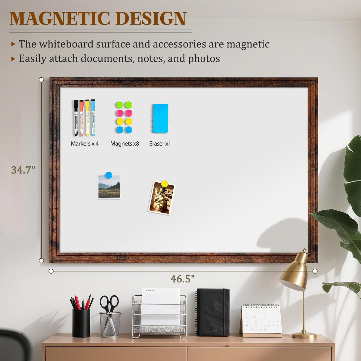 Large Dry Erase White Board for Wall, 48"x36", Brown White Wooden Frame