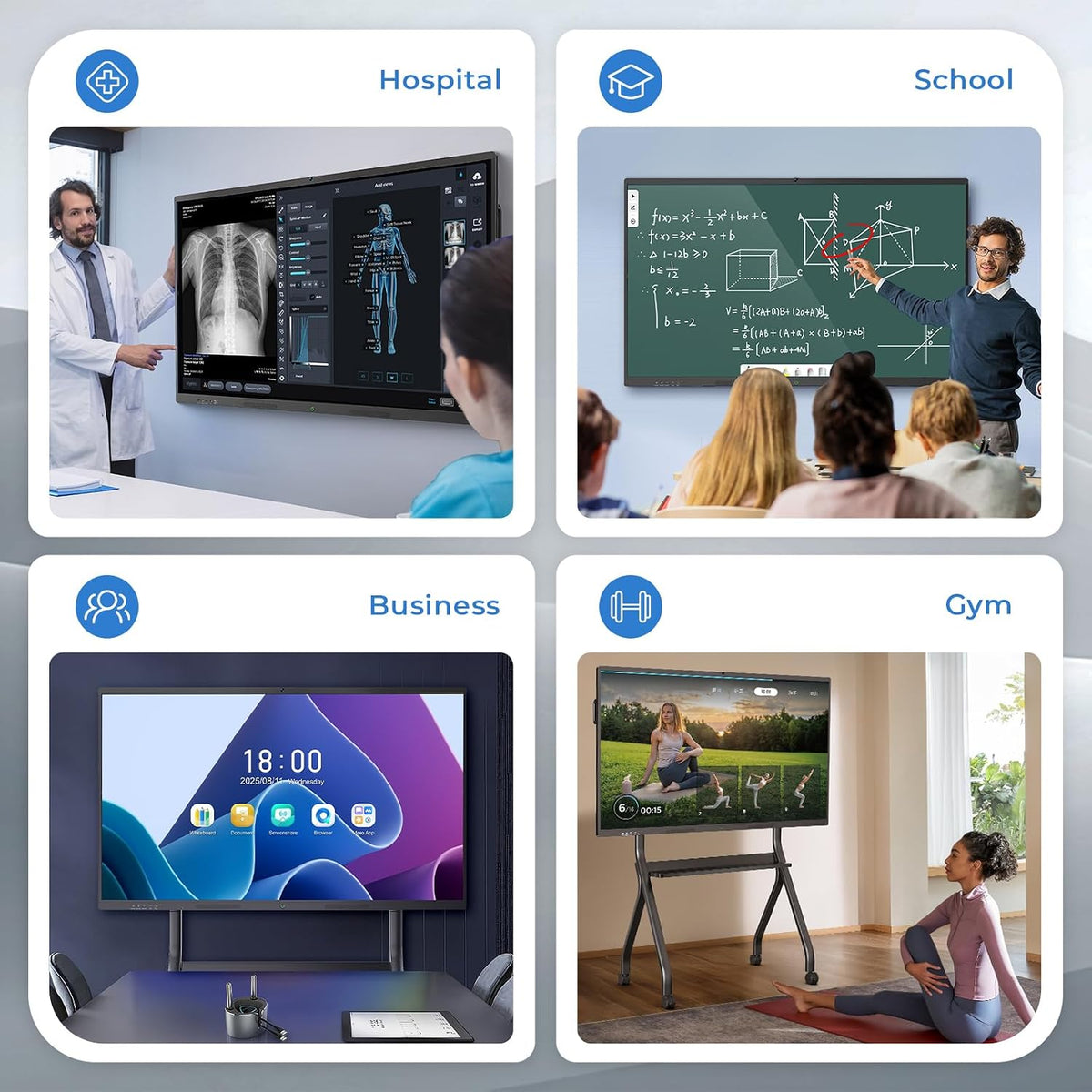 65'' Smart Board, 4K UHD Interactive Touchscreen Whiteboard, Android 14 8+128GB Wireless Smartboard for Classroom Home Office Studio