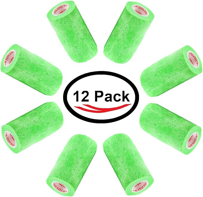 3 Inch Vet Wrap Tape Bulk (Neon Green) (Pack of 12) Self Adhesive Adherent Adhering Flex Bandage Grip Roll for Dog Cat Pet Horse