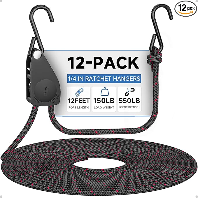 Fondwell 1/4" Rope Tie-Downs Ratchet Straps: 12 Pack of Heavy Duty Adjustable Hangers for Various Hanging and Strapping