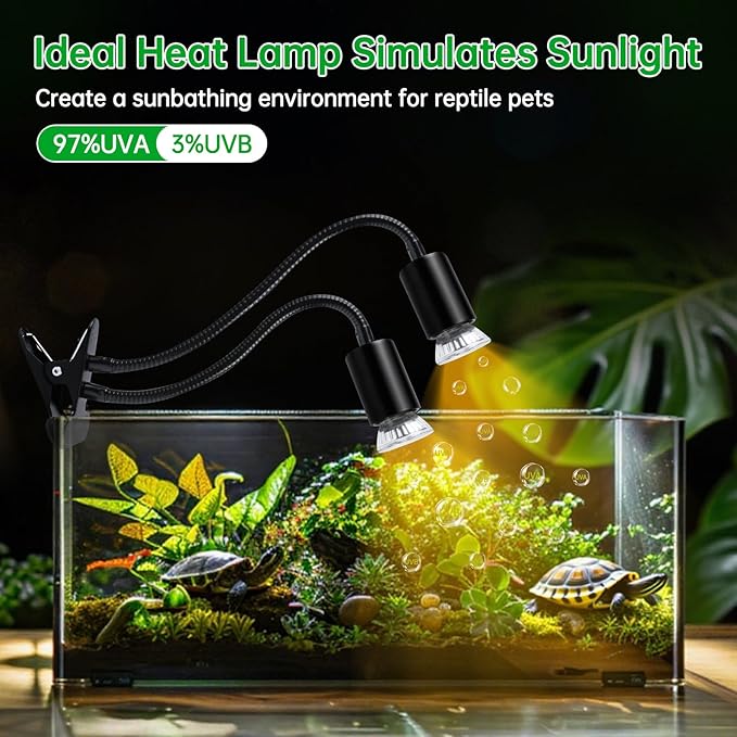 LUCKY HERP Reptile Heat Lamp, Dual Head UVA UVB Reptile Light with Cycle Timer, 360°Rotatable Dimmable Aquarium Turtle Tank Basking Light with 4 Bulbs (2PCS 25W and 2PCS 50W)