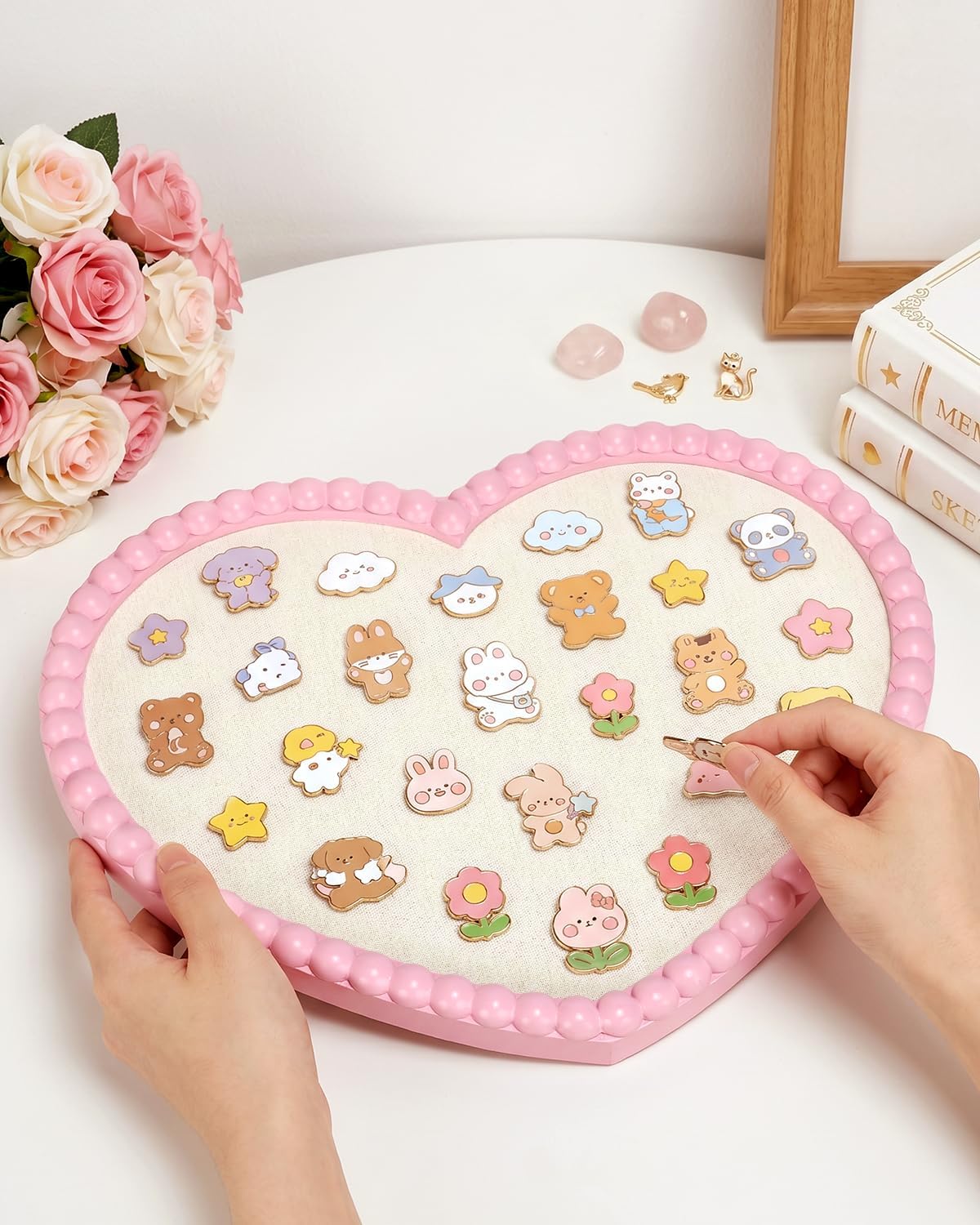17" x 13" Heart Shaped Linen Bulletin Board, Pink Beaded Wood Frame Cork Board Alternative, Decorative Memo Board for Wall, Home Office & Bedroom Deco, Heart-3343PK