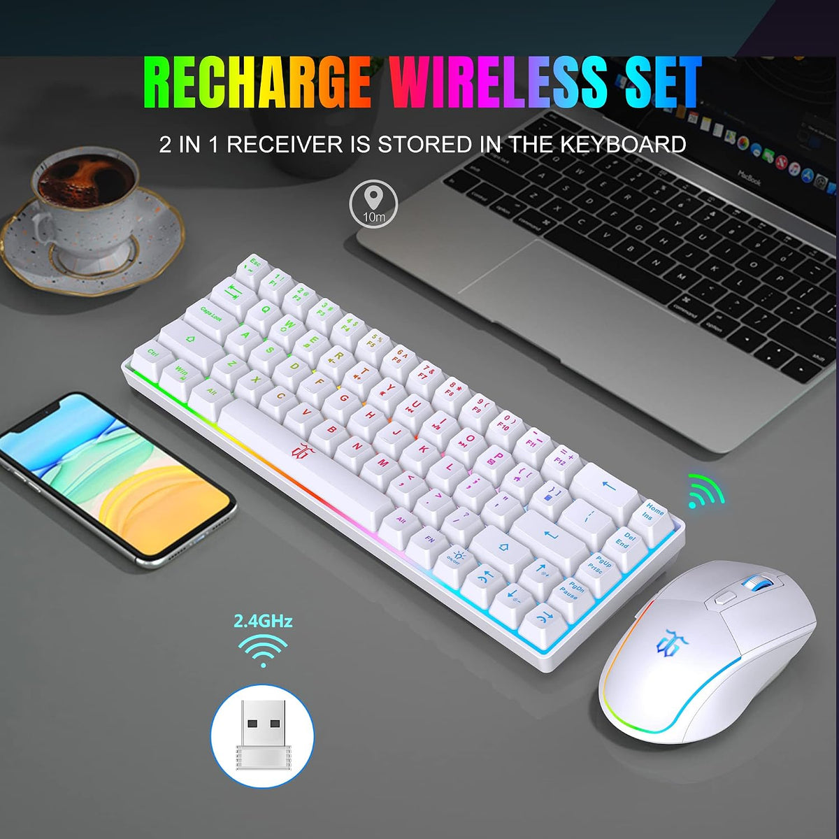 Snpurdiri 60% Wireless Gaming Keyboard and Mouse Combo, White