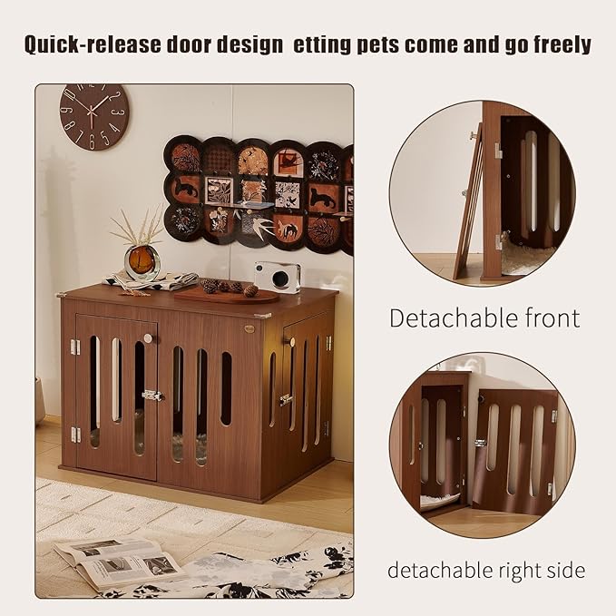 32 Inch Dog Crate Furniture for Medium Small Dogs with 2 Quick-Release Doors, Waterproof Multi-Layer Solid Wood in Walnut Color, Doubles as TV Stand,Side Table