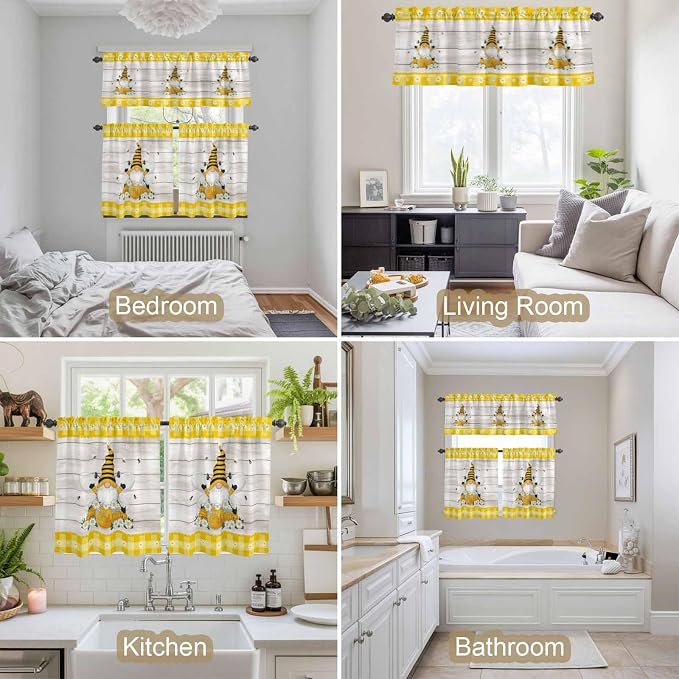 Yellow Gnomes Kitchen Curtains Set 3 Piece