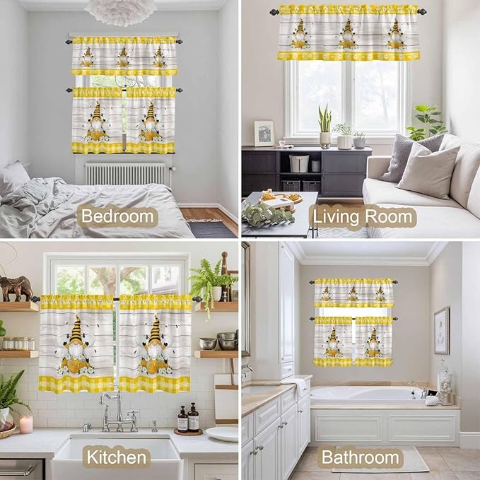 Yellow Gnomes Kitchen Curtains Set 3 Piece
