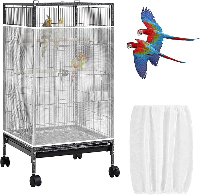 Universal Bird Cage Seed Catcher Net, White Adjustable Birdcage Mesh Cover, Stretchy Band Skirts Bird Cage Net for Parrot Cages Stops Scatter, Breathable & Reusable