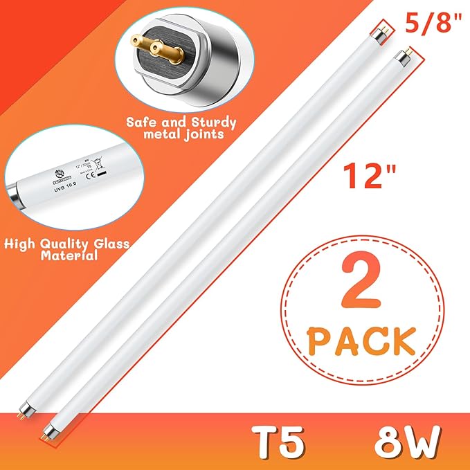2PCS T5 UVB Reptile Light 8W 10.0,UVA UVB Light Bulb for Reptiles,Reptile UVB Lamp Tube for Bearded Dragon,12 Inchs
