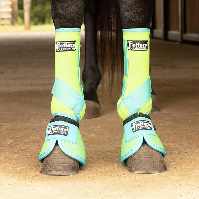 Jeffers Expression Neon Protective Horse Boots, 1 Pair, Lime & Turquoise – Breathable Neoprene, Secure Strap Closures, Durable Protection for Front & Hind Legs, Training & Riding Use - Medium
