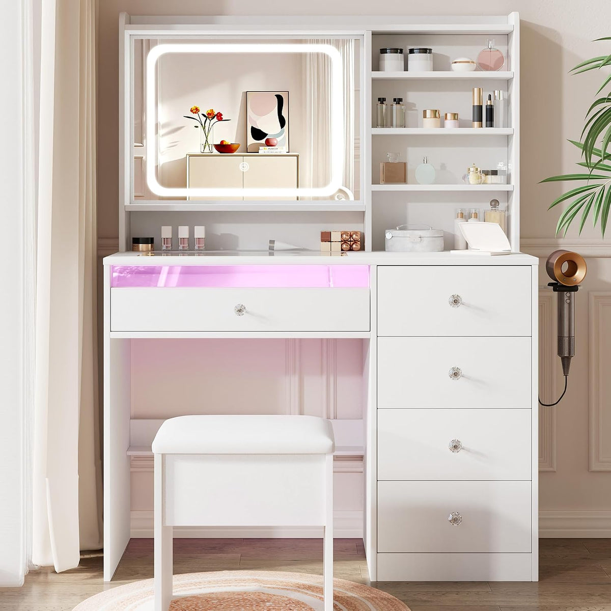LIVELYGLOW 39.4" White Vanity Desk Set with Glass Desktop & RGB Light Strip