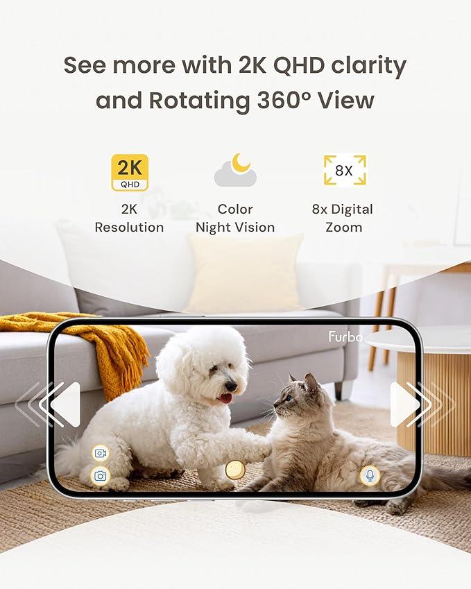 Furbo Mini 360° 2K QHD Pet Camera + Power Adapter: Dog & Cat Rotating Treat Dispenser w/Phone App, Smart Cam w/2-Way Speaker & Night Vision. No Subscription Needed. Standard See, Talk, & Toss Features