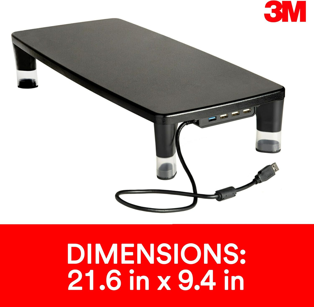 3M Monitor Computer Stand, 21.6 in x 9.4 in, 4 Port USB Hub