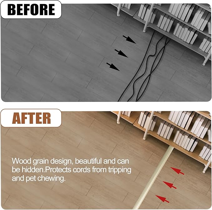 MYFAMIREA 10FT Floor Cord Cover for Wire Self Adhesive Cable Cavity Management PVC Extension Cord Hider Power Floor Wire Protector Prevent Cable Trips for Office Home Outdoor (Beige Wood, 1.18'')