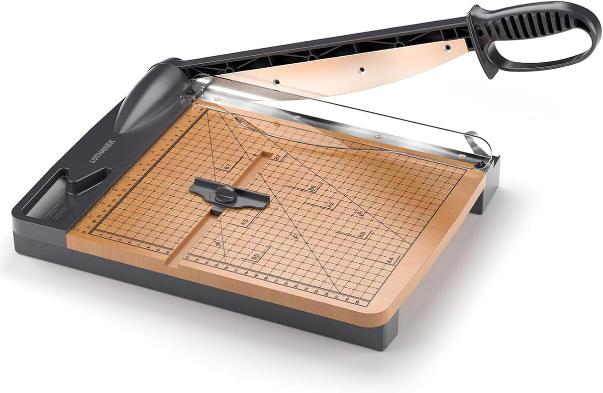 12 Inch Wood Guillotine Paper Cutter, Heavy Duty Paper Trimmer with Wood Base, Cuts 25-32 Sheets, Cutting Board for Cardstock, Crafts, Classroom, Art Projects