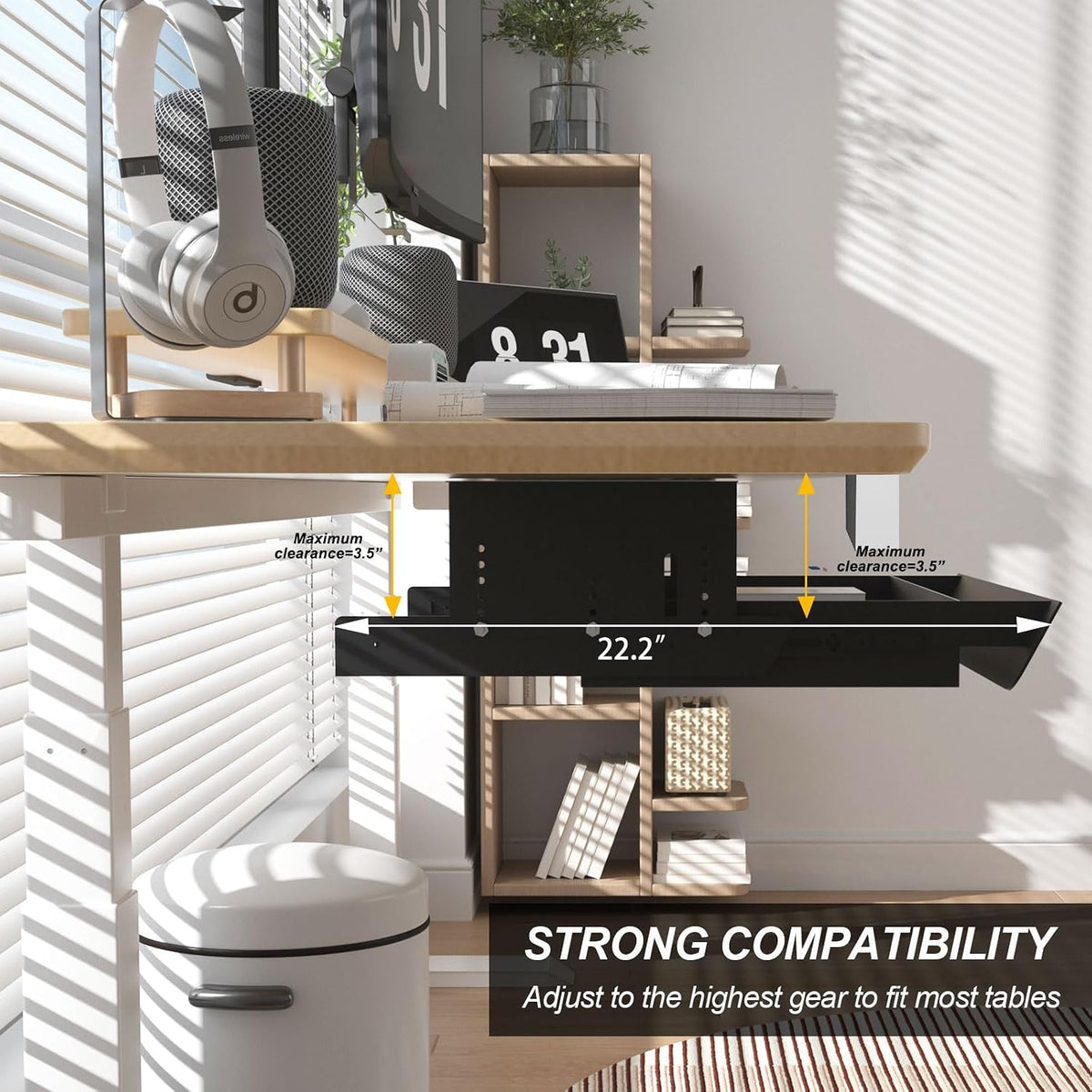 Under Desk Mounted Sliding Pull-Out Drawer Height Adjustable Apply to Tables with Front Crossbar,Adjustable Clearance Up to 3.5",Compatible with Most Stand Up Workstation