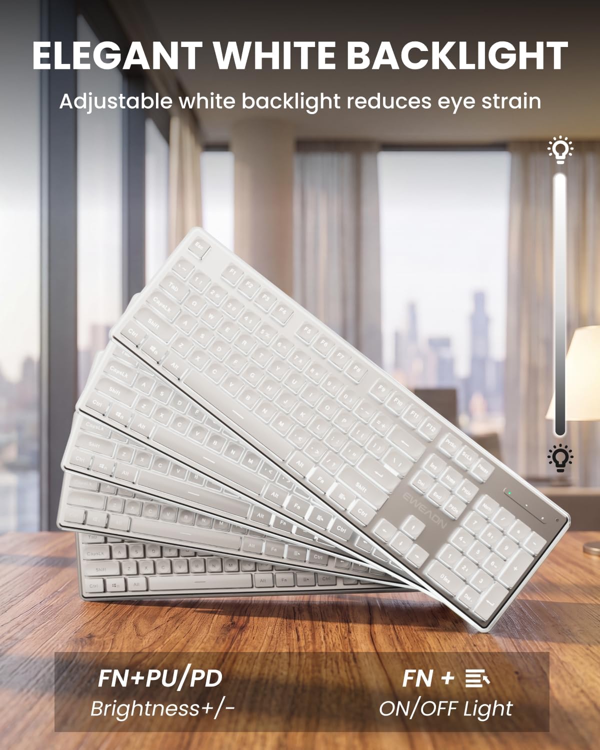 Wireless Keyboard with White Backlit, Quiet, Rechargeable, 2.4GHz, White