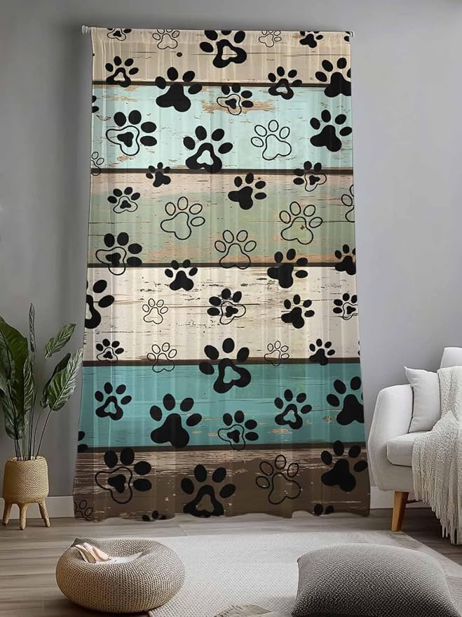 Sheer Curtains 108 Inches Long, Sage Green Brown Paw Prints Semi Sheer Curtains