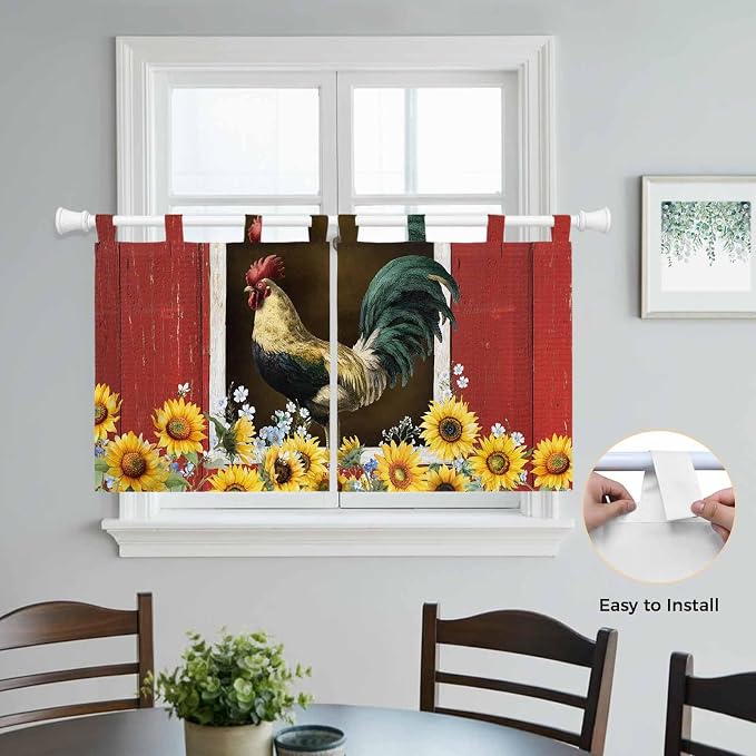 Chicken Sunflowers Kitchen Curtains 36 Inch Length, Small Window Curtains Tab