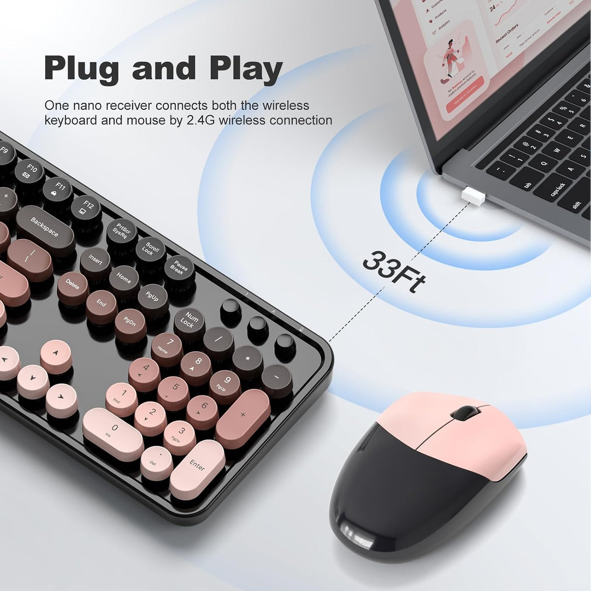 MOFII Wireless Keyboard and Mouse Combo, Retro Full Size Typewriter Keyboard with Number Pad and Sport Car Mouse for PC Computer Desktop Laptop Windows (Black Colorful)