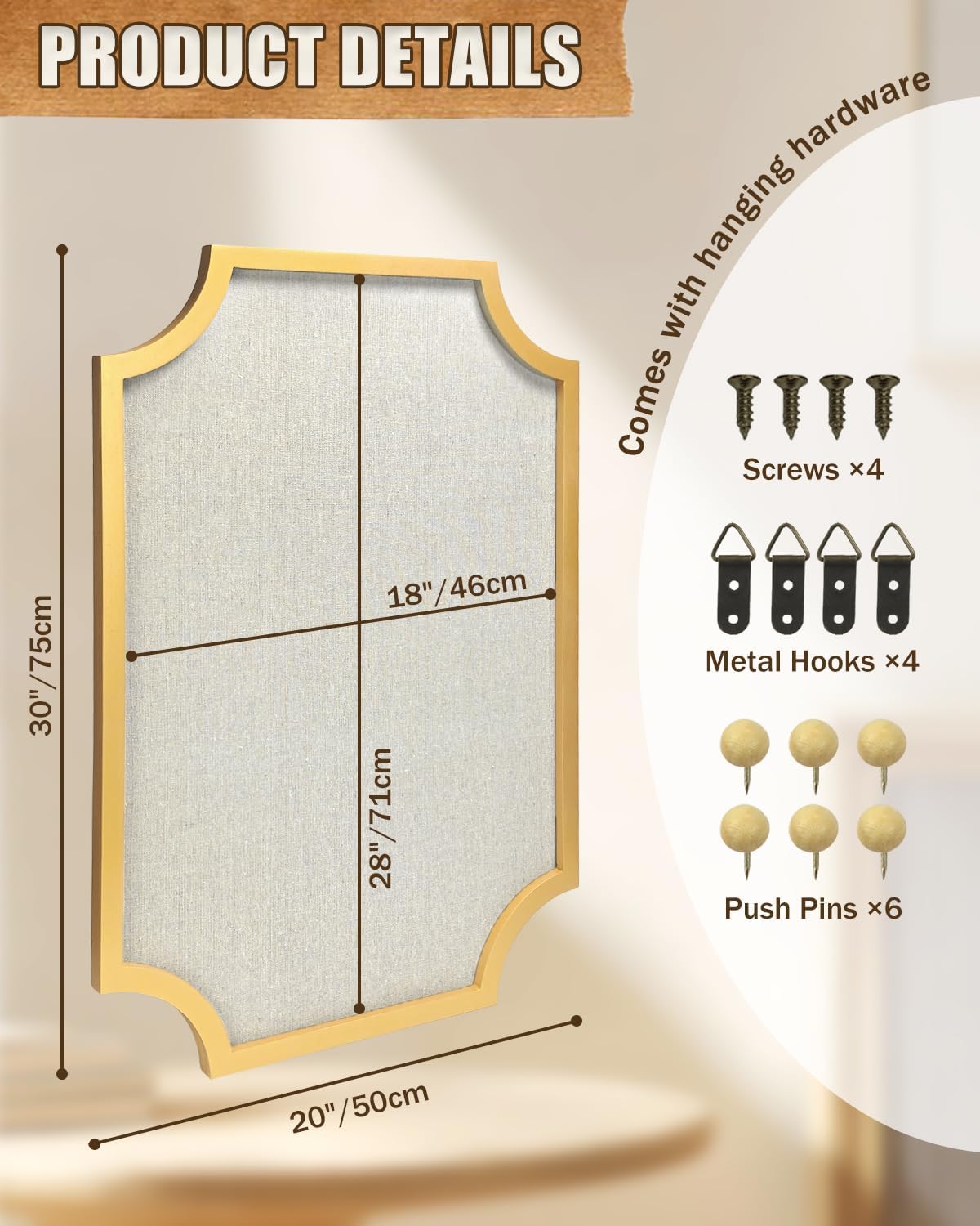 Large Linen Bulletin Board, 20"x30" Pin Board for Walls, Gold Wood Frame