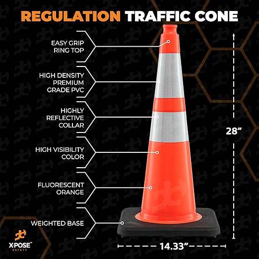 Xpose Safety 28 Inch Orange Slim Line Traffic Cones with 6" & 4" Collars, 48 Pack Multipurpose PVC Plastic Safety Cone for Parking, Soccer, Caution, Kids & Construction - DOT Approved