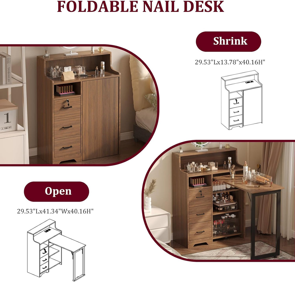 Foldable Nail Desk for Nail Tech, Portable Manicure Table, L Shape Nail Table with Power Outlets & Lockable Drawer & Shelves, Professional Nail Tech Workstation for Home Salon (Walnut)