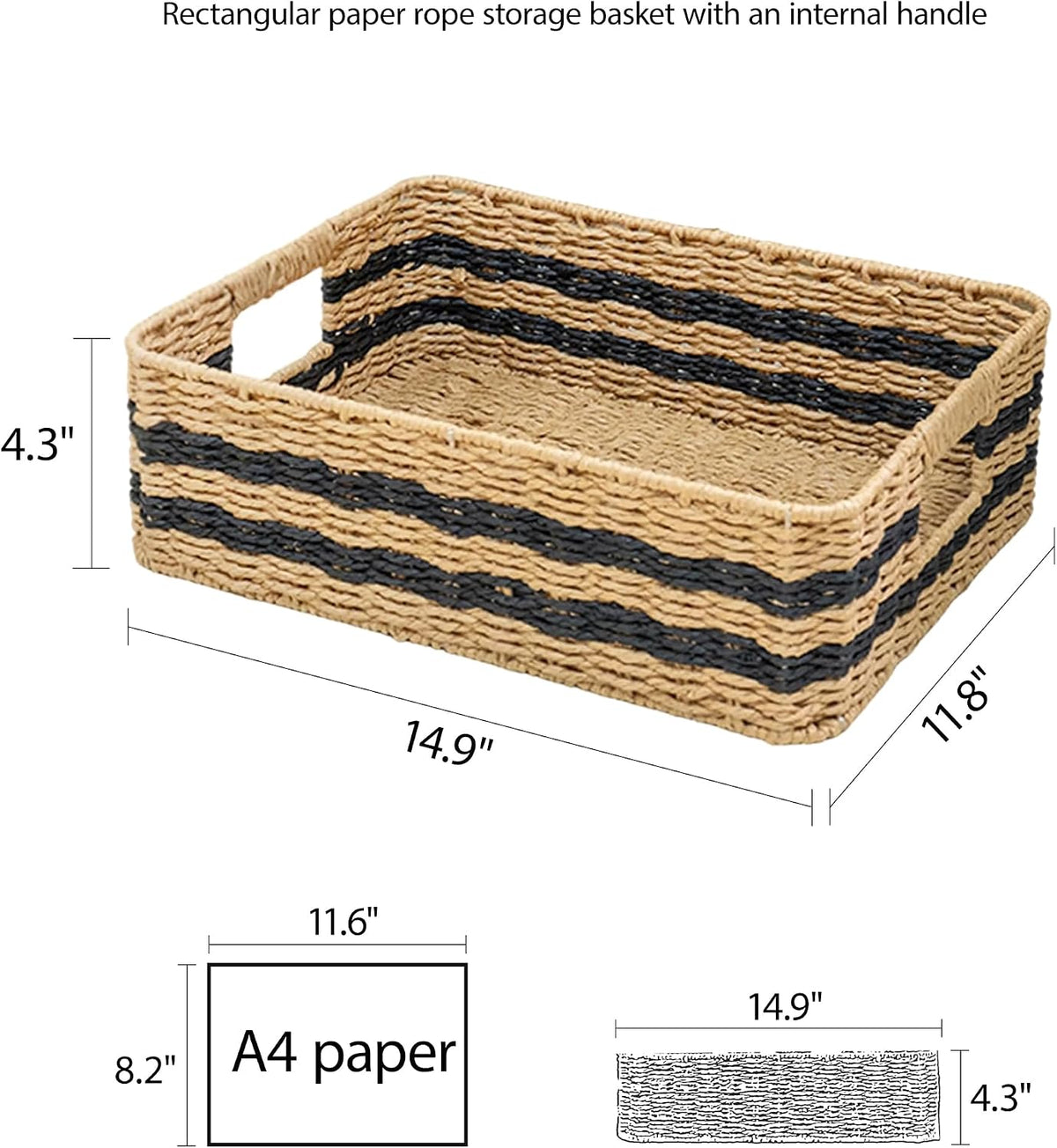 Handwoven Paper Rope Storage Basket, Rectangular Wicker Organizer