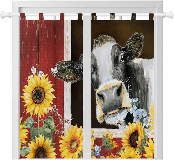 Cows Sunflowers Bathroom Curtains 63 Inch Length, Window Curtains Tab Top