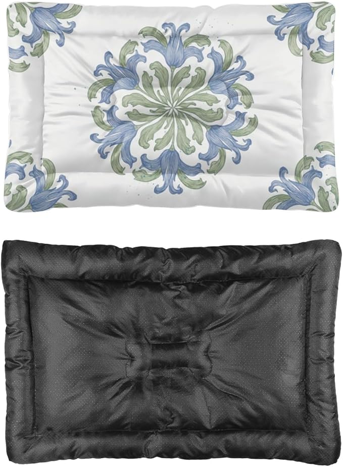 Vintage Blue Green Floral Dog Car Bed Crate Mats for Dog Cages Pet Crate Pad Accessories Washable Non-Slip Pet Bed for Easy to Wash Mat Needs Home Indoor Outdoor 24X18 Inch