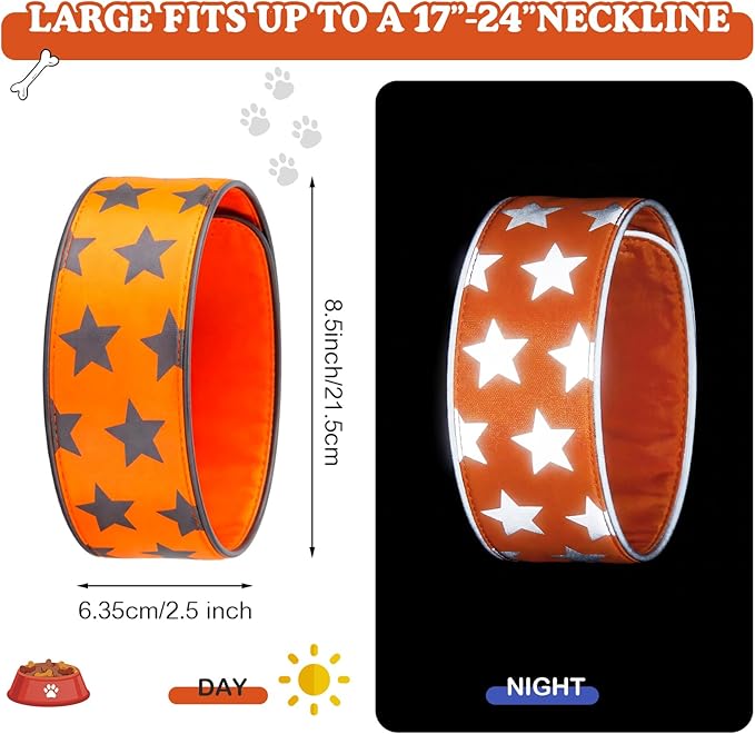 Paterr 2 Pcs Reflective Dog Collar High Visibility Adjustable Pet Collars with Quick Release Fastener Comfortable Dog Walking Accessories for Small Medium Large Pet, Orange, Fluorescent Green (Star)
