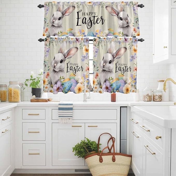 Easter Grey Bunny Kitchen Curtains Set 3 Piece