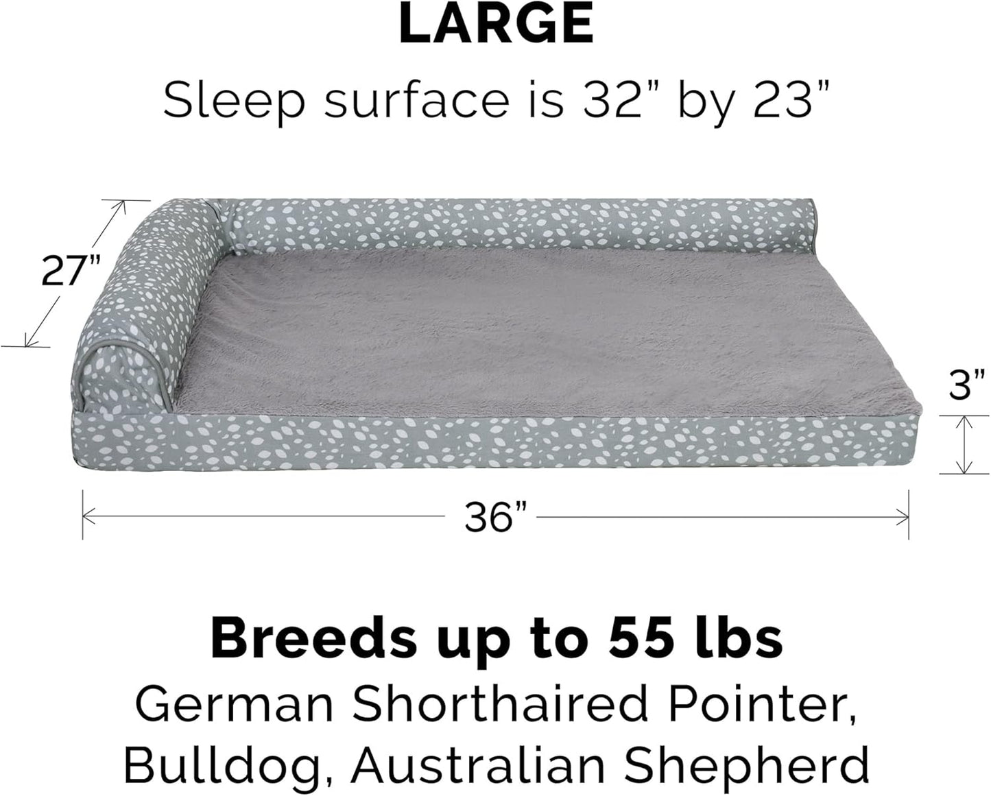 Furhaven Cooling Gel Dog Bed for Large/Medium Dogs w/ Removable Bolsters & Washable Cover, For Dogs Up to 55 lbs - Plush & Almond Print L Shaped Chaise - Gray Almonds, Large