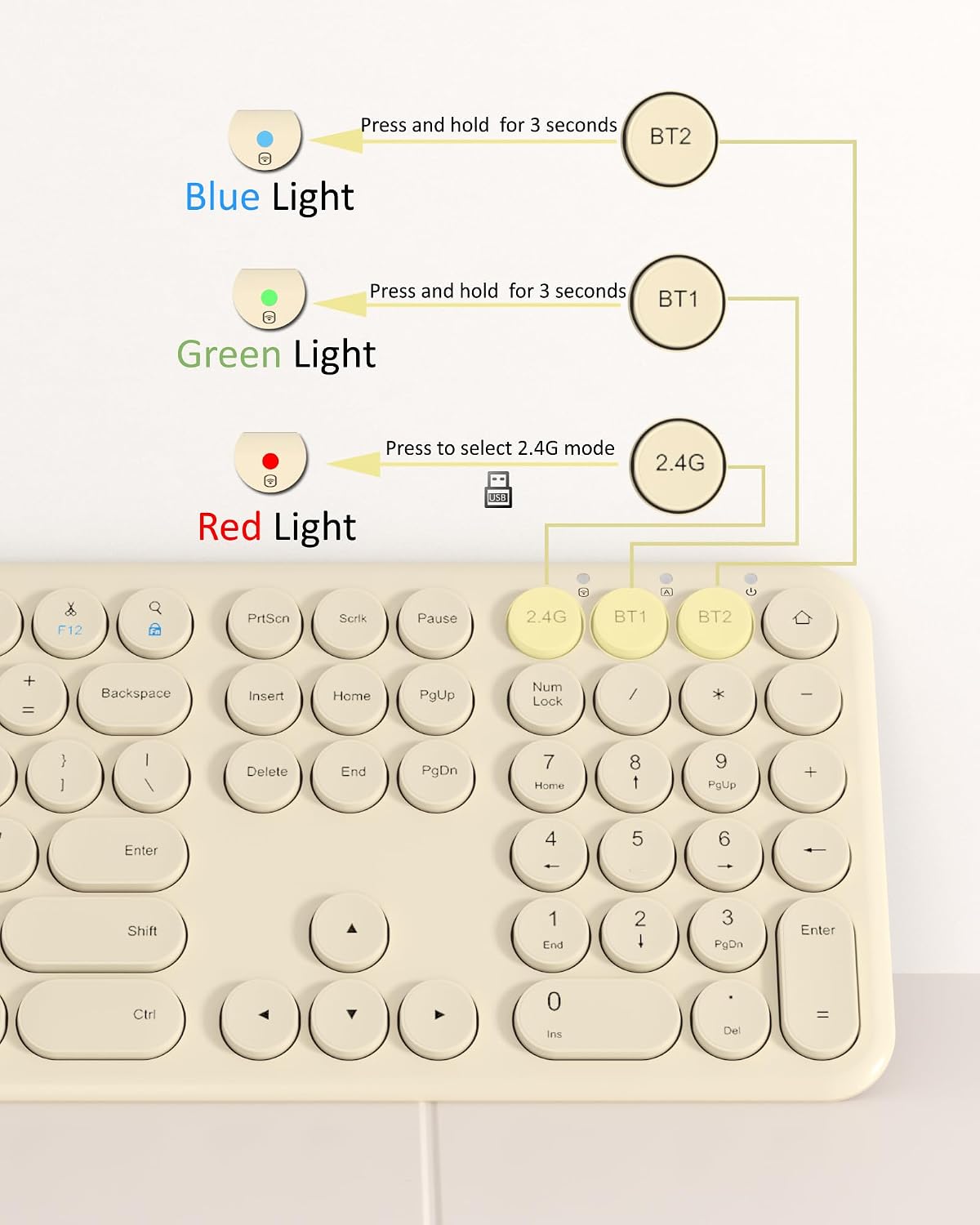 Quiet Wireless Keyboard, Round Keycaps, Low Profile Slim Design (Khaki)