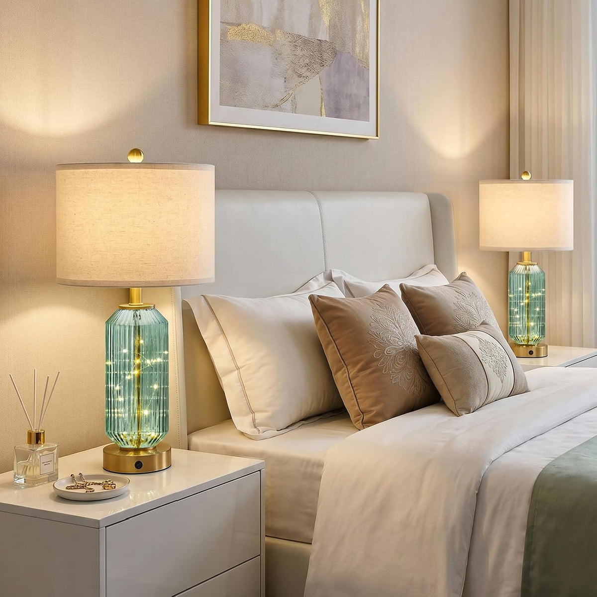 Oneach 24.5" Bedside Table Lamps Set of 2, Green Glass Nightstand Lamps with USB A+C Charging Ports and Night Light, Gold Modern Lamps for Bedroom, Living Room, End Table (2 Bulbs Included)