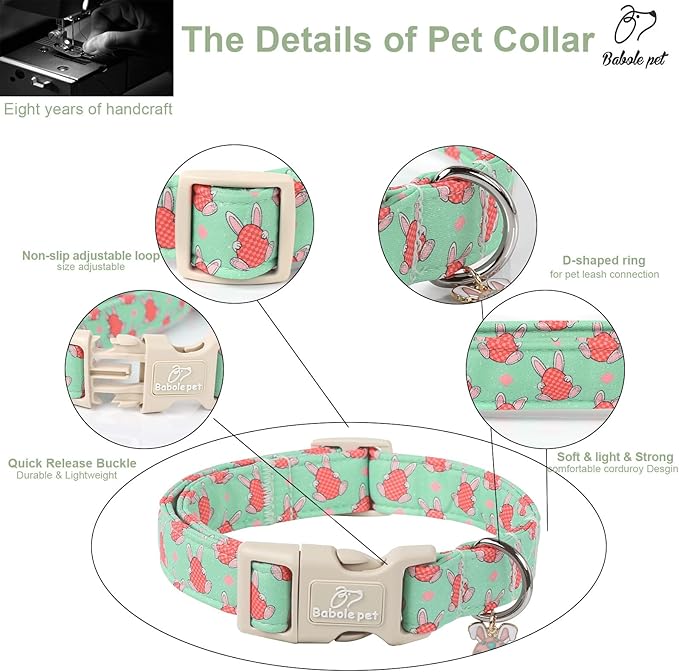 Easter Dog Collar for Large Dogs - Green Bunny Egg Dog Collars, Cute Boy Girl Dogs Easter Collar, Adjustable Spring Holiday Pet Collars with Quick Release Buckle L