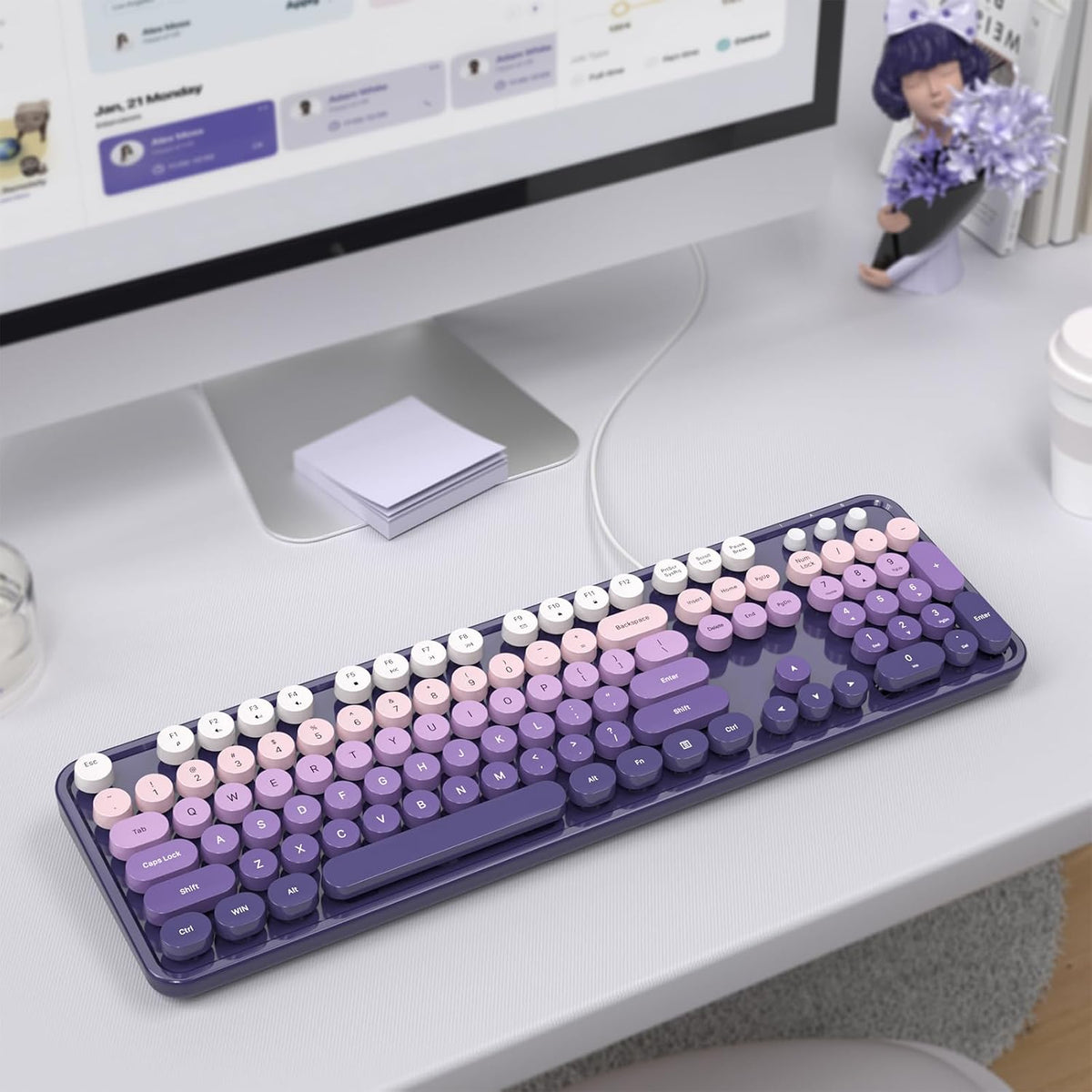MOWUX Computer Keyboard Wired, Plug and Play USB Retro Round Typewriter Keyboard, Full Size Wired Keyboard with Foldable Stands for Laptop and Office PC- Purple Gradient