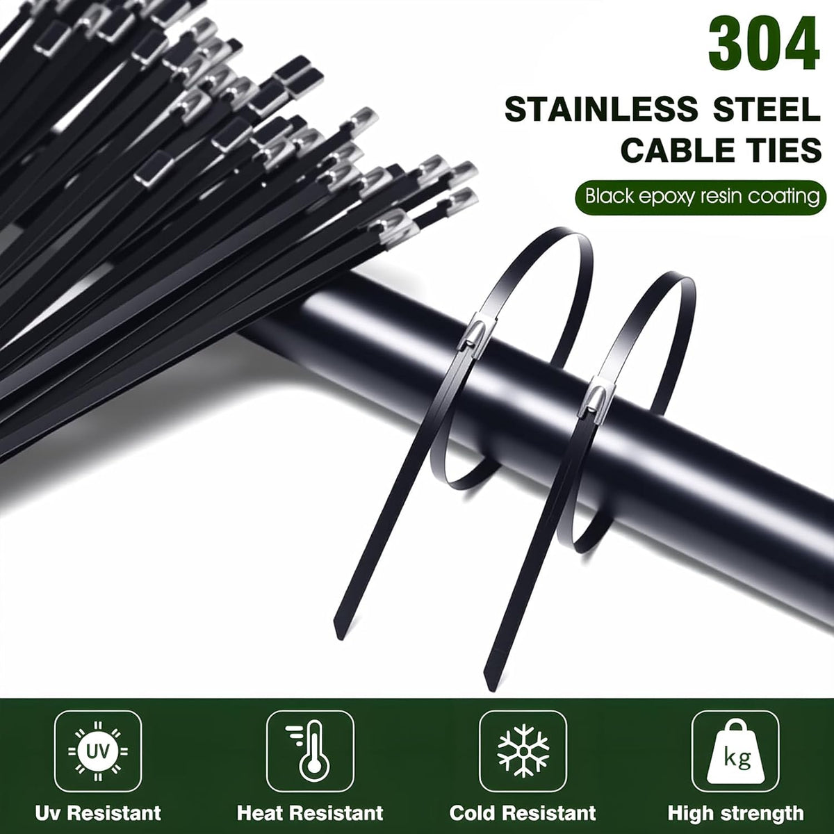 Stainless Steel Cable Tie Gun & 100pcs 12in Black Metal Zip Ties