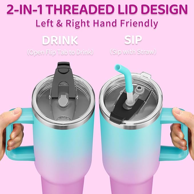 BENZZO 40 oz Tumbler with Handle Straw and 2-in-1 Lid Made of Metal Travel Mug