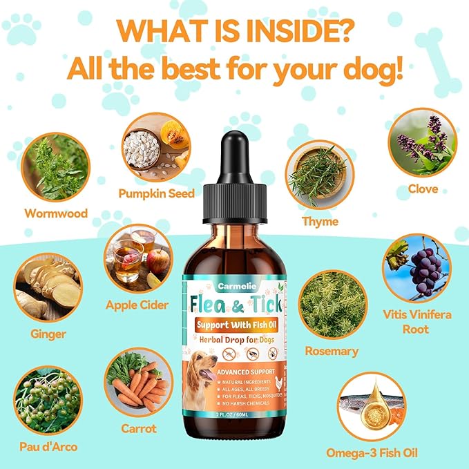 Flea and Tick Prevention for Dog, Natural Oral Flea & Tick Support Drops with Omega-3 for Puppy Pets - Supports Healthy Skin & Coat - Oral Supplement for All Breeds and Ages - Chicken