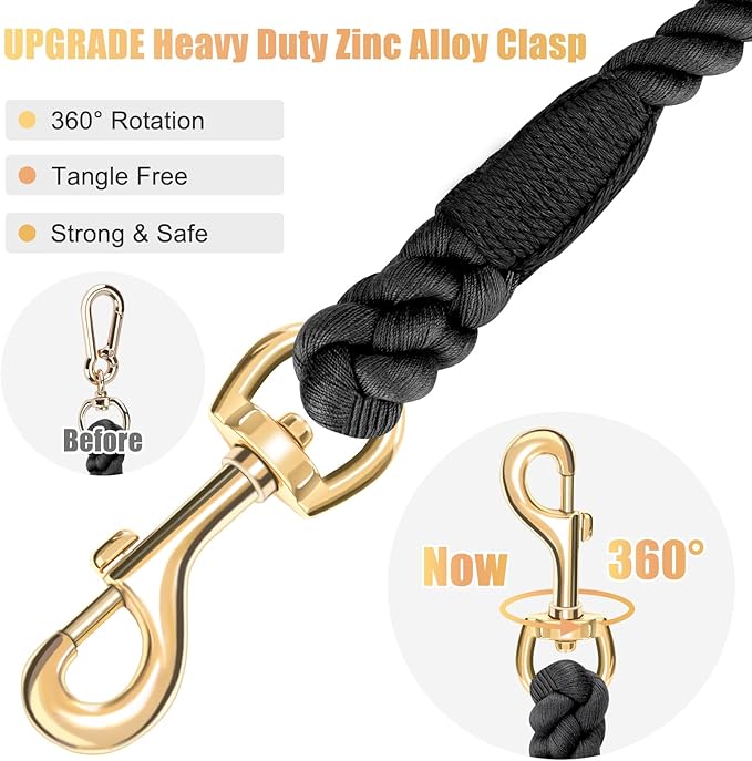 Dog Leash 5 FT Handmade Braided Cotton Rope Leashes for Small Medium and Large Dogs, New Golden Heavy Duty Metal Clasp, Black