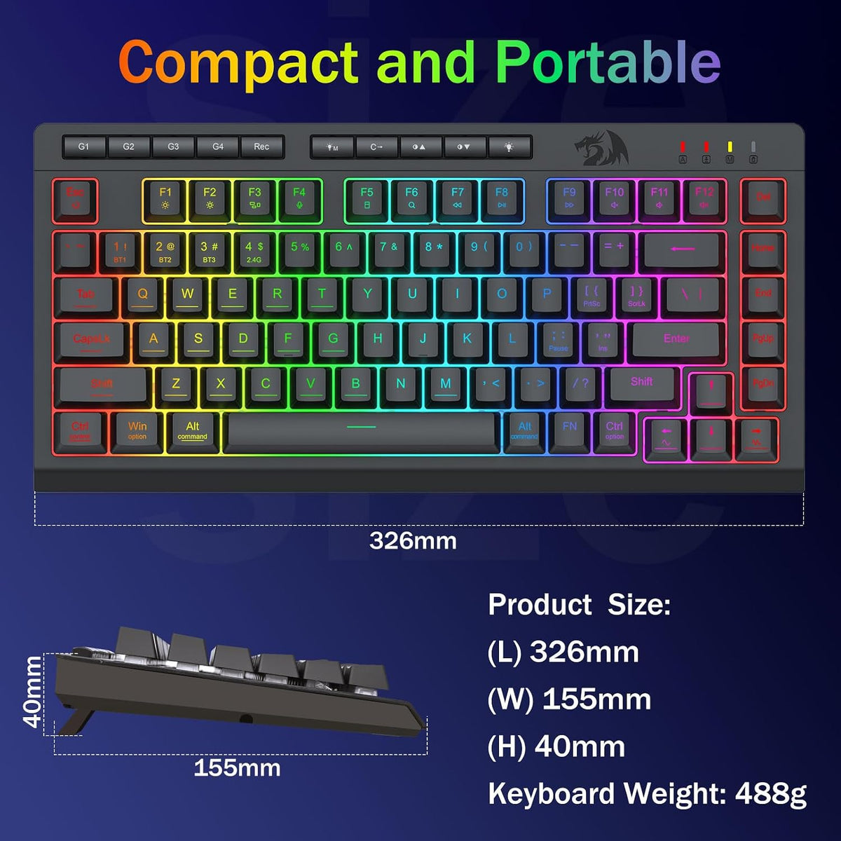 Redragon Wireless Gaming Keyboard, RGB Backlit, Portable 75% Design, Black