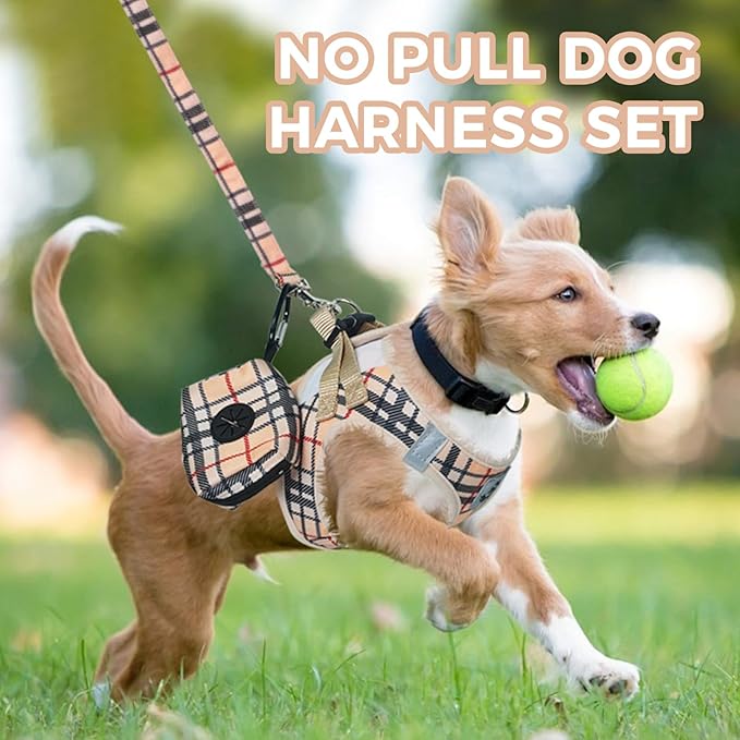 PAWCHIE Dog Harness and Leash Set, Step in No Pull Soft Pet Harness, Reflective Adjustable Puppy Vest for Small Medium Dogs Cats, No Choke Harness Vest with Poop Bag Holder for Walking,Running,Beige S